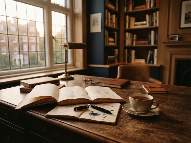 Wide shot of a quiet, elegant editorial office at golden hour, a wooden desk with open books, fountain pen, and a cup of tea, soft window light, rich paper textures
