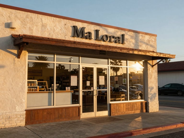 A warm, sun-drenched California streetscape with a local Hispanic bakery, golden-hour light reflecting off the glass, authentic neighborhood feel