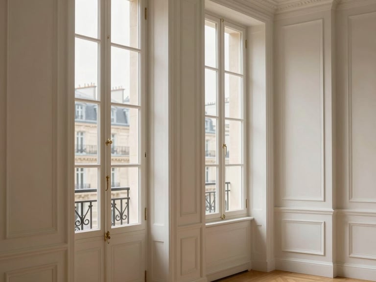 Architectural detail of a pristine renovated Parisian apartment, flawless painting on moldings, soft daylight filtering through tall windows, 35mm