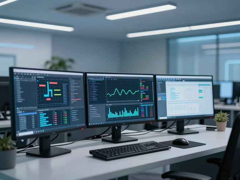 A clean, modern IT operations center with multiple monitors displaying real-time server health metrics and network traffic graphs, cool blue ambient light.