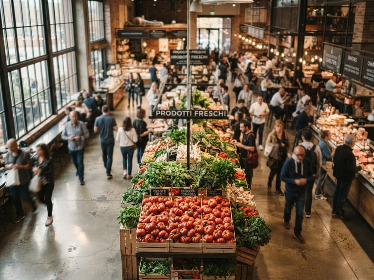 A high-angle shot of a vibrant modern food hall, soft natural window light reflecting on polished concrete, fresh produce stalls with rich crimson heirloom tomatoes, shallow depth of field, 35mm