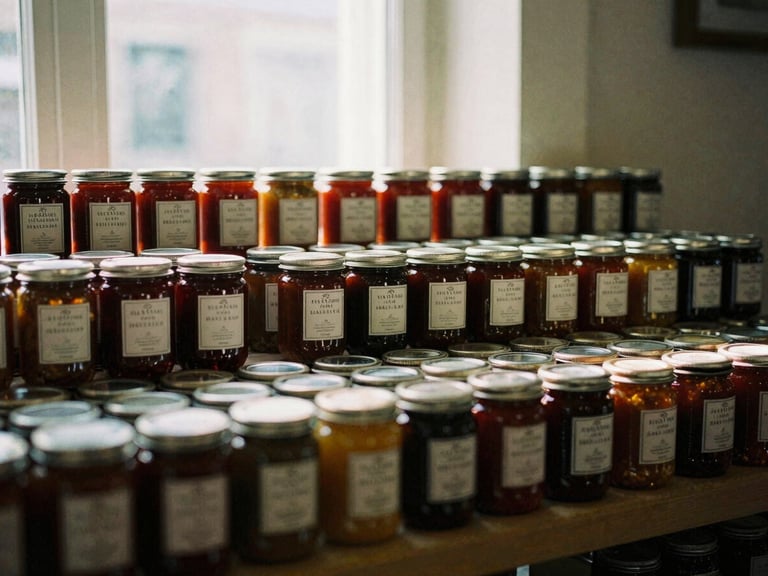 Cozy Scandinavian-style market interior with neatly arranged rows of gourmet jars, natural window light, soft shadows, editorial layout, 35mm