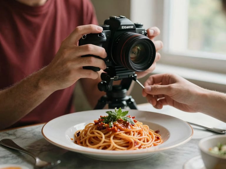 Hands adjusting a professional camera on a tripod over a beautifully styled plate of pasta, soft natural side-light, creative workspace, 35mm