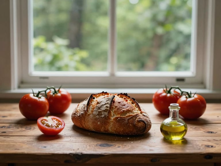 Soft window light illuminating a rustic wooden table set with fresh sourdough, heirloom tomatoes, and olive oil, warm forest green tones, shallow depth of field, 35mm
