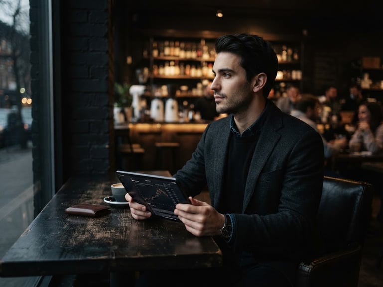 Candid shot of a well-dressed man in a high-end coffee shop, holding a tablet, natural low-key lighting, desaturated masculine tones, 35mm film grain, looking away, subtle lifestyle curation.