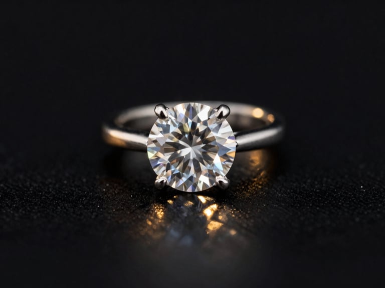 Macro photography of a flawless diamond ring catching sharp directional light, brilliant reflections, deep obsidian background, dramatic high-contrast studio setting