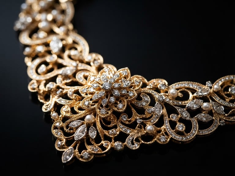 Extreme macro close-up of an intricate gold bridal necklace catching sharp directional studio light, deep obsidian background, gold reflections gleaming, shallow depth of field, 85mm lens