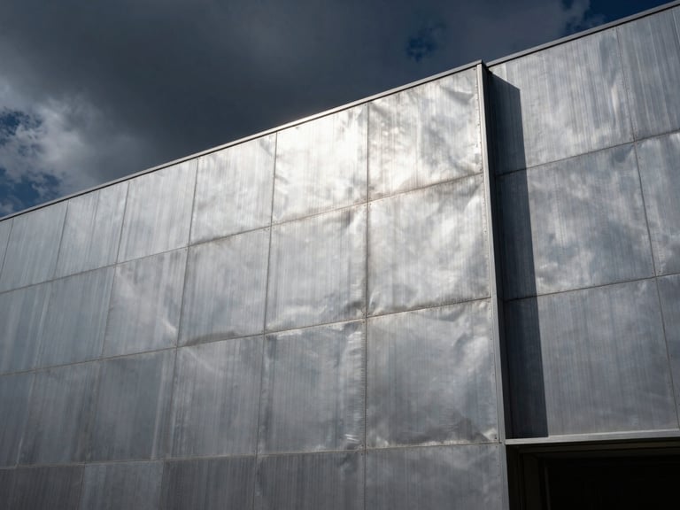 Wide-angle industrial architectural photography of a massive geometric steel building facade under a dramatic dark sky, cold metallic silver and charcoal tones, sharp focus, 35mm