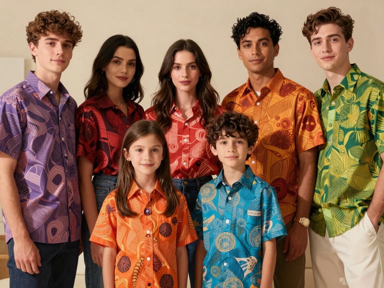 Vibrant editorial fashion photography of a family group wearing matching but individually customized colorful patterned shirts at a reunion, warm studio lighting.