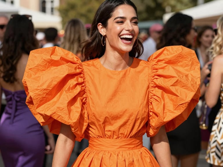 Vibrant editorial fashion photography of a woman laughing in a bold orange custom dress at a birthday party, bright natural sunlight, high contrast.