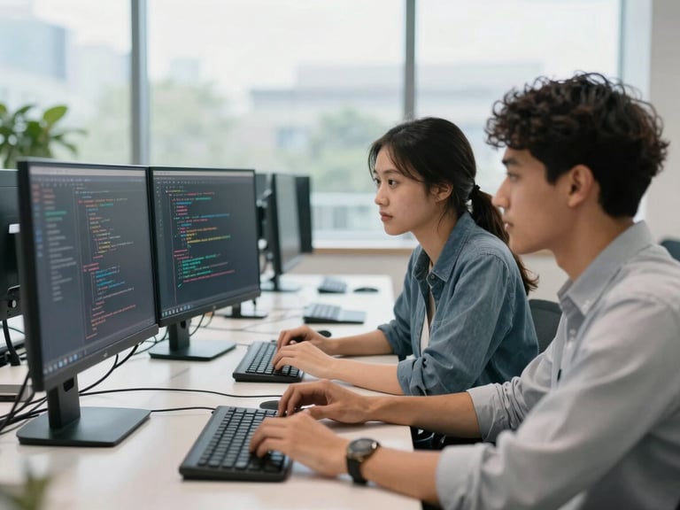 Two diverse students actively coding on a shared screen in a bright, modern tech hub, natural daylight, professional cool tones, shallow depth of field.