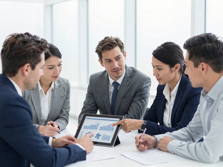 A diverse group of executives in a modern office collaborating around a table, one pointing at a strategic business plan on a tablet, natural daylight, crisp corporate environment.