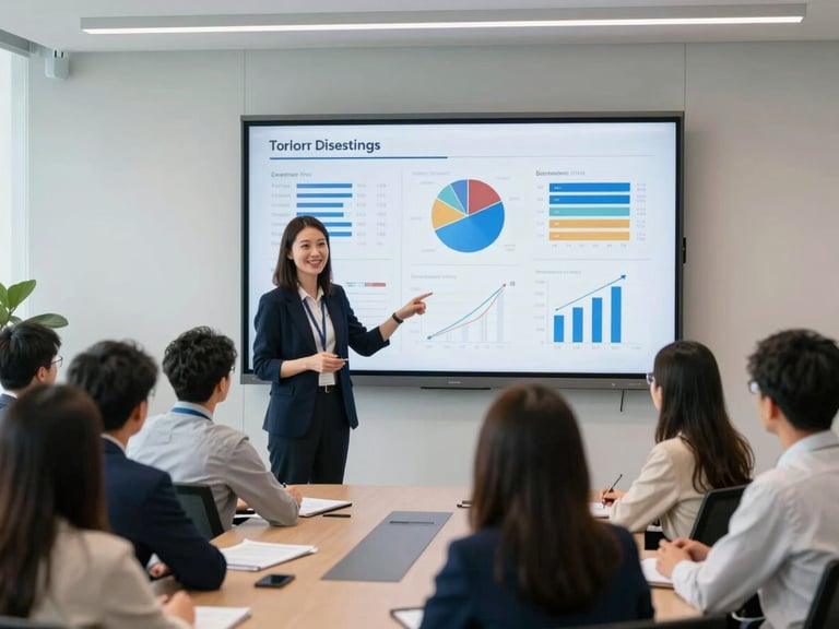 A faculty member, an active industry leader, presenting complex data visualizations on a large screen to a small group of engaged graduate students in a modern conference room, crisp corporate environment, natural daylight.