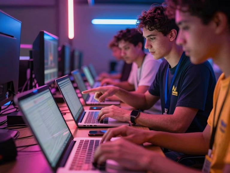 Adults typing on laptops with a volunteer mentor pointing at the screen, colorful neon casting from equipment, dynamic documentary photography.