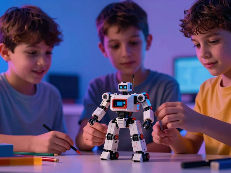Low-angle shot of kids assembling a 3D printed robot, vibrant ambient lighting, shallow depth of field, documentary style.