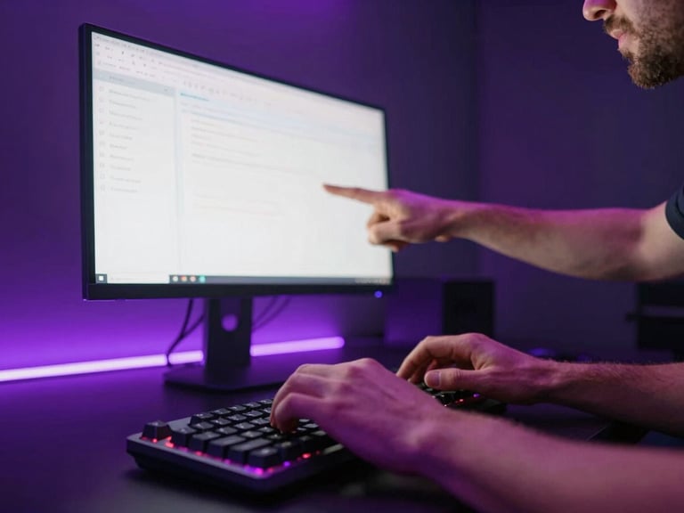 Low-angle shot of an adult typing on a mechanical keyboard while a volunteer mentor points at the glowing monitor, dark graphite background with purple neon rim light.