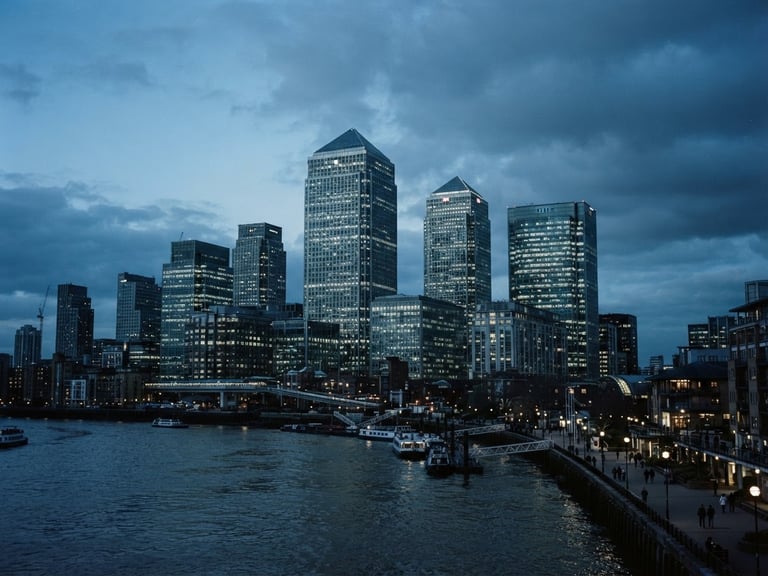 Wide shot of Canary Wharf skyline at dusk, sharp architectural lines, cool blue tones, high contrast, 35mm film photography