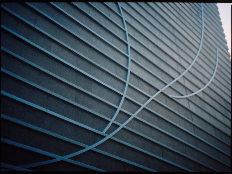 Abstract geometric pattern representing data flow, blue lines on dark background, sharp focus, 35mm film