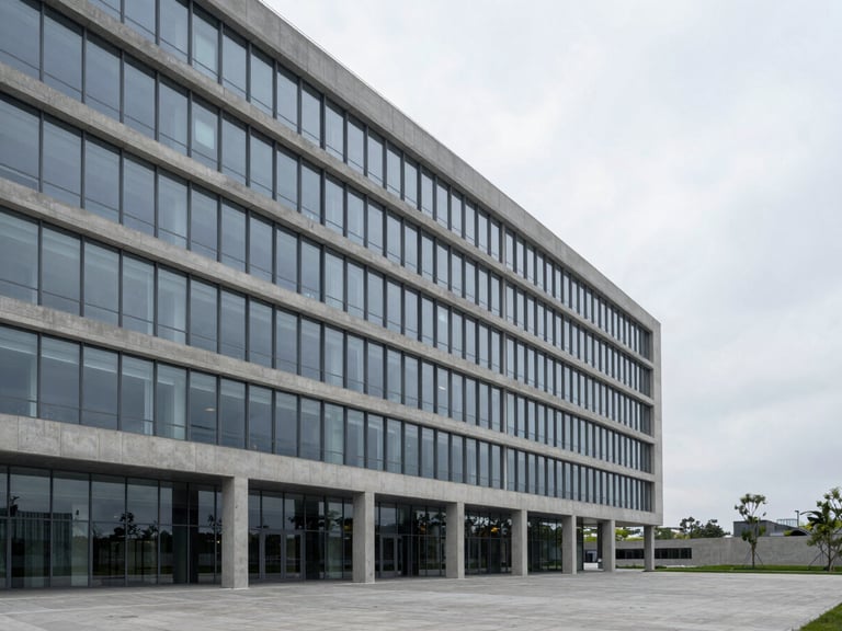 Wide panoramic shot of a minimalist glass and concrete corporate headquarters, soft overcast daylight, generous negative space on the right