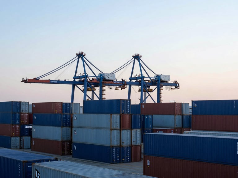 Wide shot of a container terminal at dawn, structured cargo, cool daylight, sharp focus, desaturated corporate blue tones, 35mm