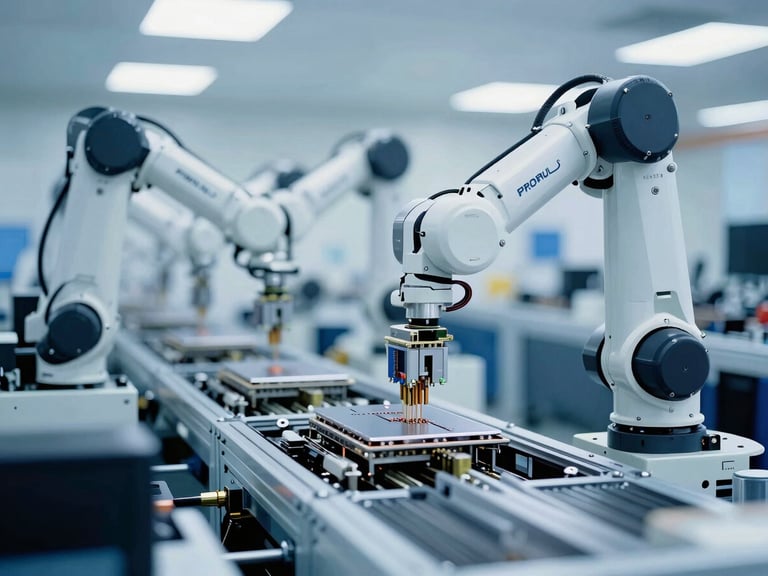 High-tech SMT assembly line in operation, robotic arms, cool industrial lighting, sharp focus on components, desaturated corporate blue tones, 35mm