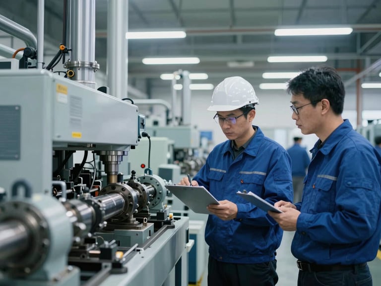 Factory floor audit, engineer inspecting machinery, cool industrial lighting, sharp focus on details, desaturated corporate blue tones, 35mm