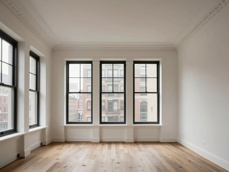 Crisp editorial photograph of a clean, light-filled NYC brownstone interior with high ceilings and architectural molding, natural overcast daylight.