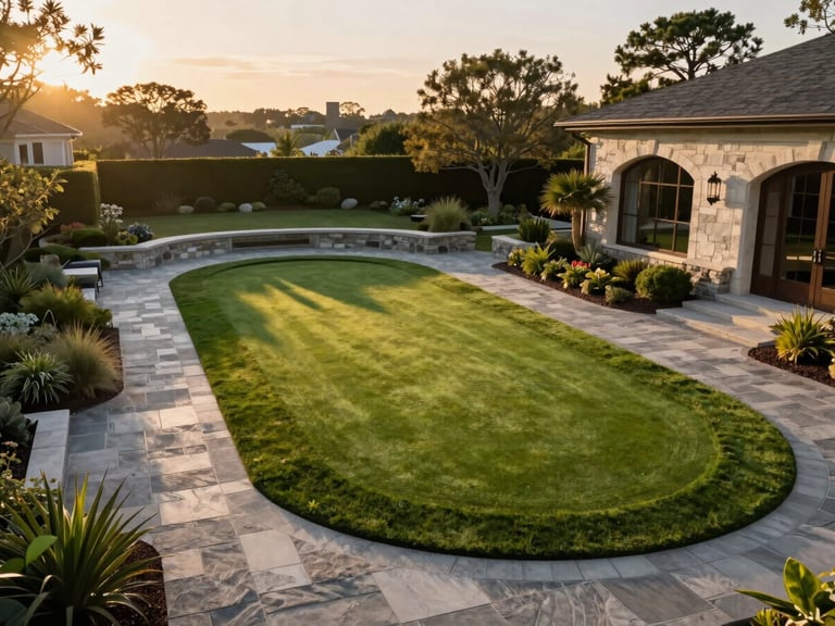Elevated golden hour shot of a multi-tier outdoor putting green in the Hamptons, surrounded by architectural landscaping and stone pathways.