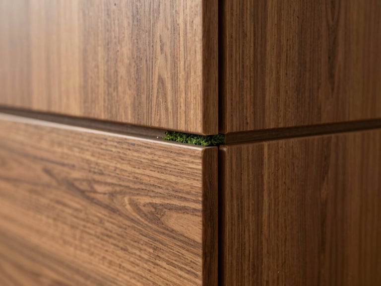 Close-up architectural shot of custom walnut millwork meeting a flush-mounted turf seam, warm ambient lighting highlighting the premium textures