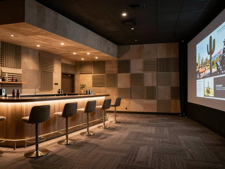 Wide interior shot of the Scottsdale simulator suite, custom acoustic wall panels, integrated bar area, warm architectural lighting.