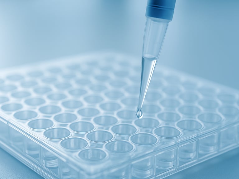Macro close-up of clinical pipette dispensing liquid into a multi-well plate, bright cool daylight, sterile blue and slate tones