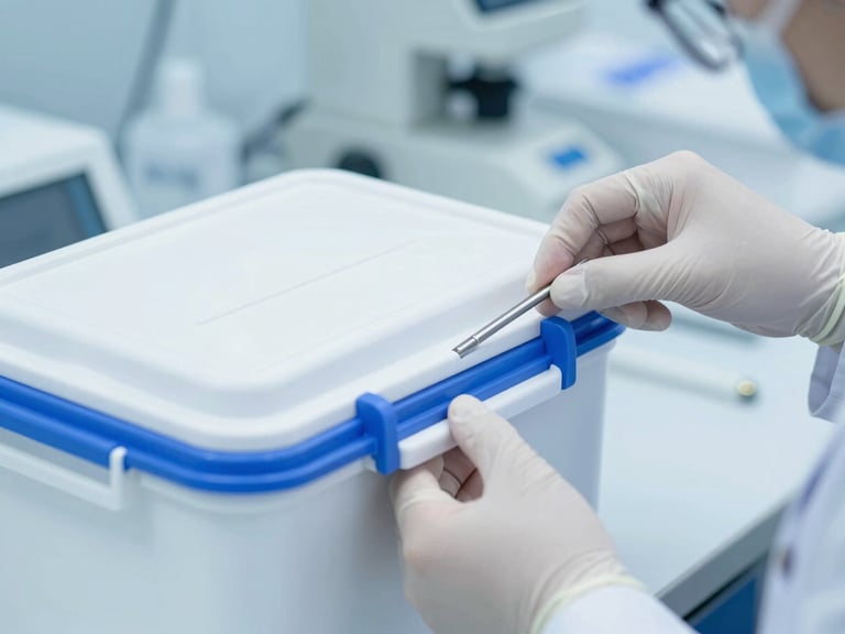 Close-up of a secure, temperature-controlled medical specimen transport container being sealed by a technician in a sterile clinic interior