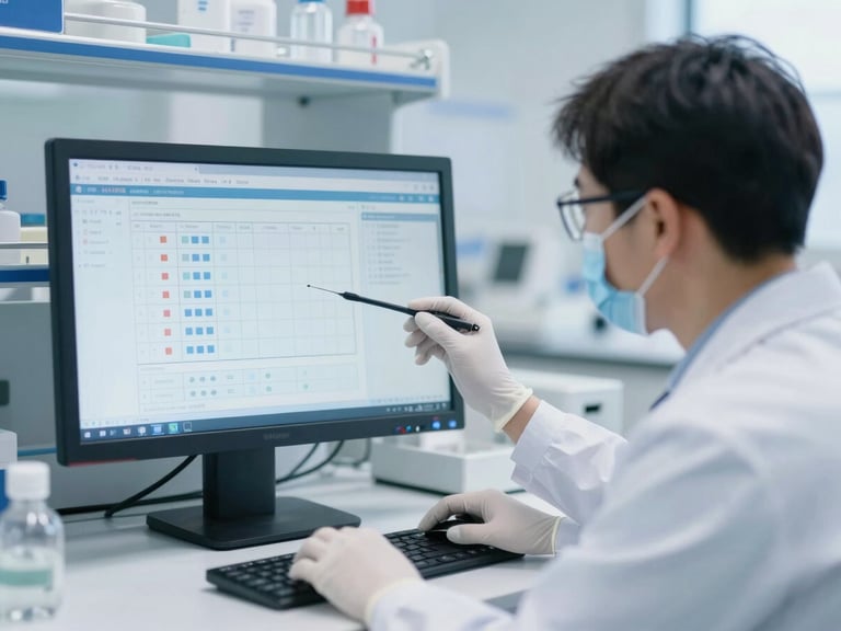 A certified laboratory director in proper PPE inspecting molecular assay results on a clean, modern digital monitor, cool daylight, bright clinical setting