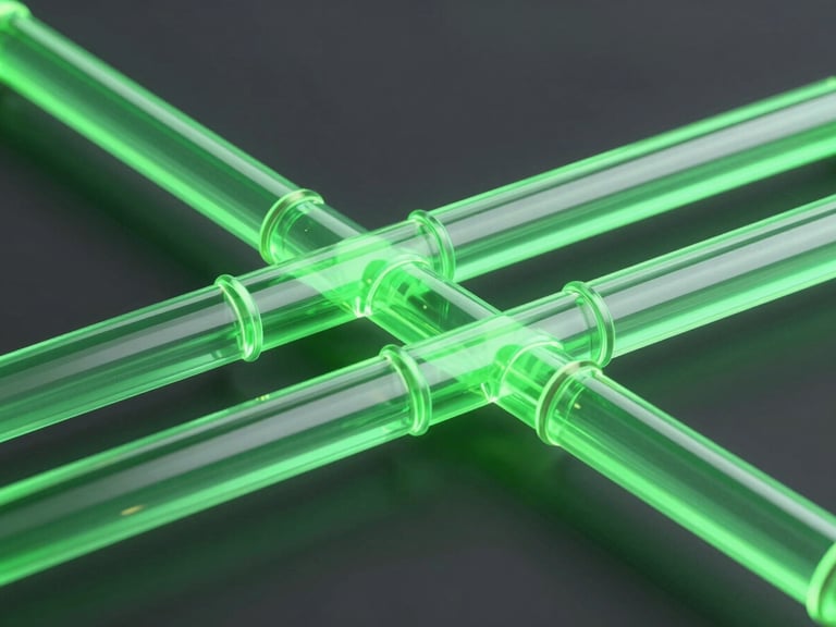 3d render, macro view of glowing green glass pipelines representing synchronized inventory data, dark obsidian background, octane render
