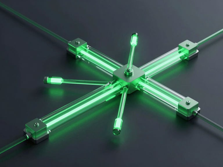 3d render, isometric view of interconnected data nodes routing light pulses through glass channels, dark obsidian background, octane render