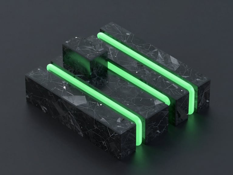 Isometric 3D render of dark obsidian blocks with glowing green lines tracing parallel paths, clean geometric layout