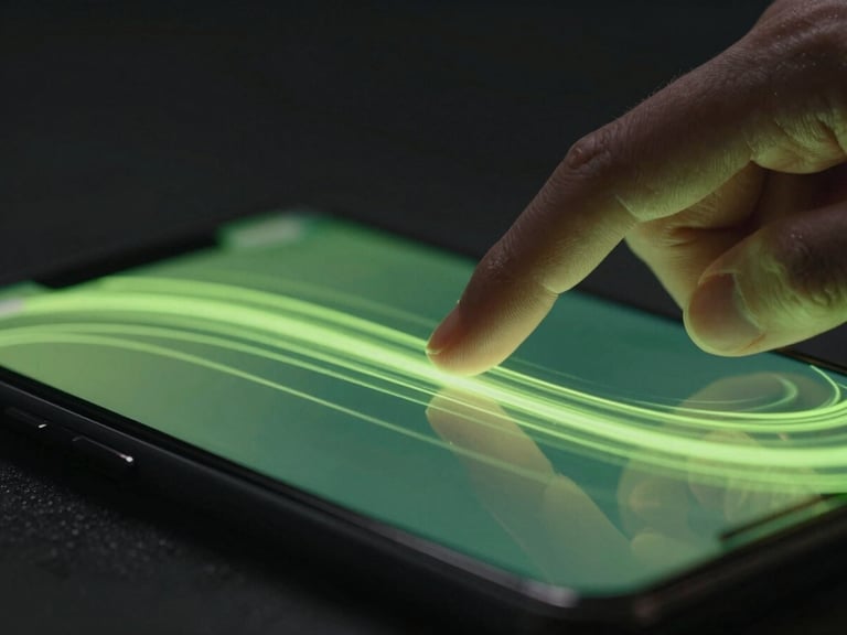 Extreme macro close-up of fingers interacting with a high-refresh-rate mobile screen, fluid neon green trails reflecting on the glass surface, moody high-contrast dark environment, cinematic lighting
