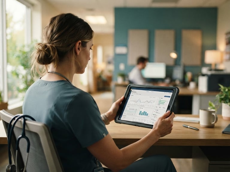 Over-the-shoulder view of a clinician in a modern medical office reviewing EMR data on a tablet, soft natural window light, muted teal tones, shallow depth of field.