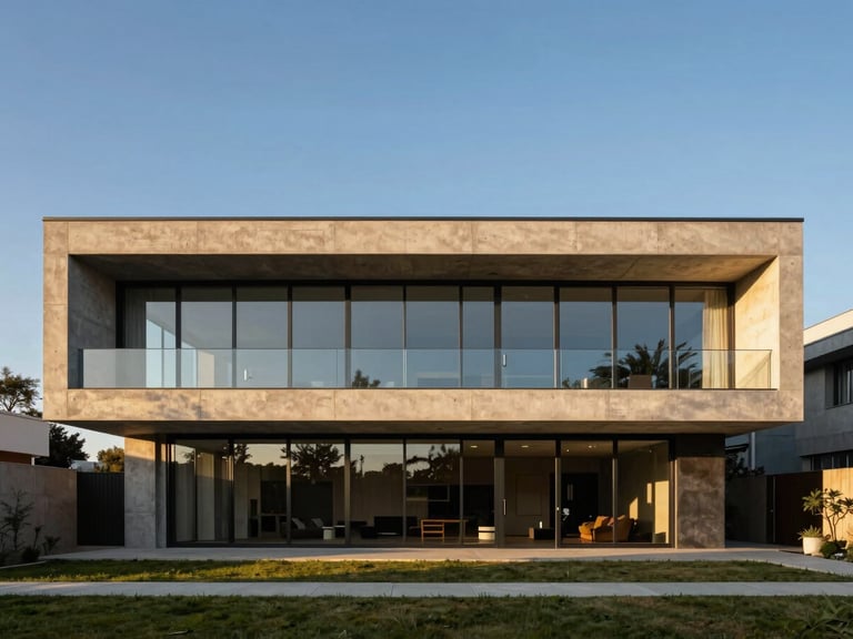 Straight-on architectural elevation of a modernist concrete and glass villa at golden hour