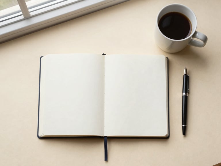 Overhead flat-lay of an open physical notebook, a ceramic coffee mug, and a fountain pen on a warm creamy paper surface, soft natural window light
