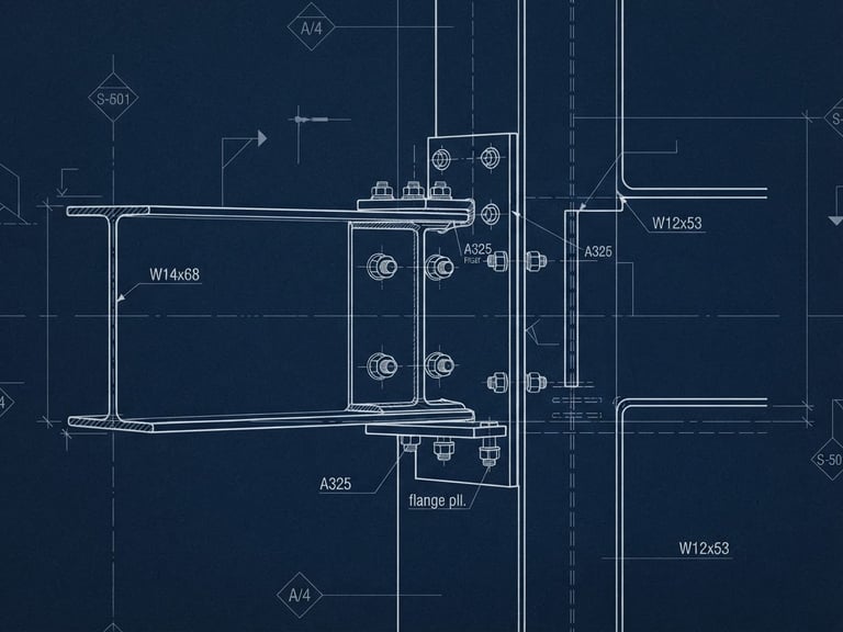 Detailed structural drawing of a steel beam connection, crisp architectural blueprint lines, high-contrast technical drafting style on a dark background