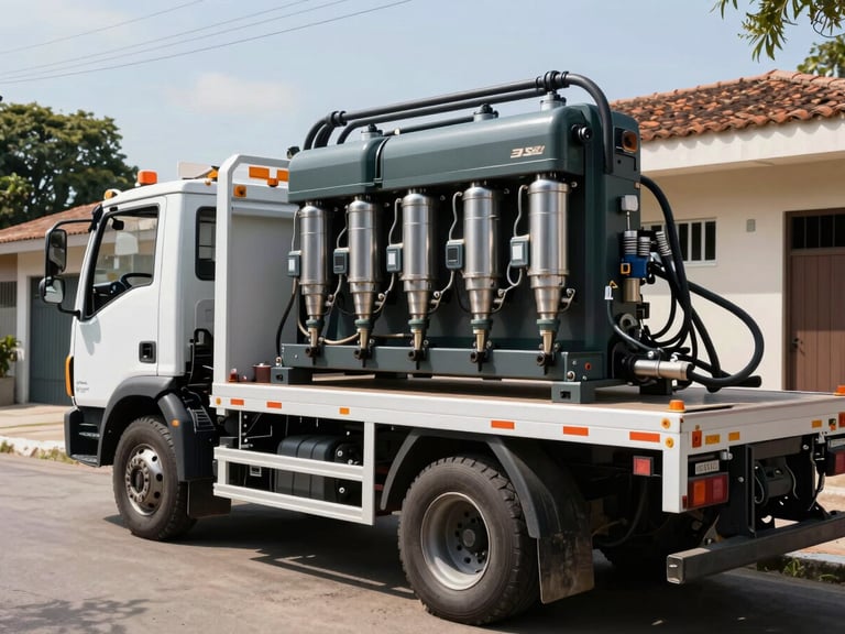 A high-pressure hydro-jetting machine mounted on a professional service truck, clean metallic nozzles visible, parked in a residential street of São Paulo under clear daylight.
