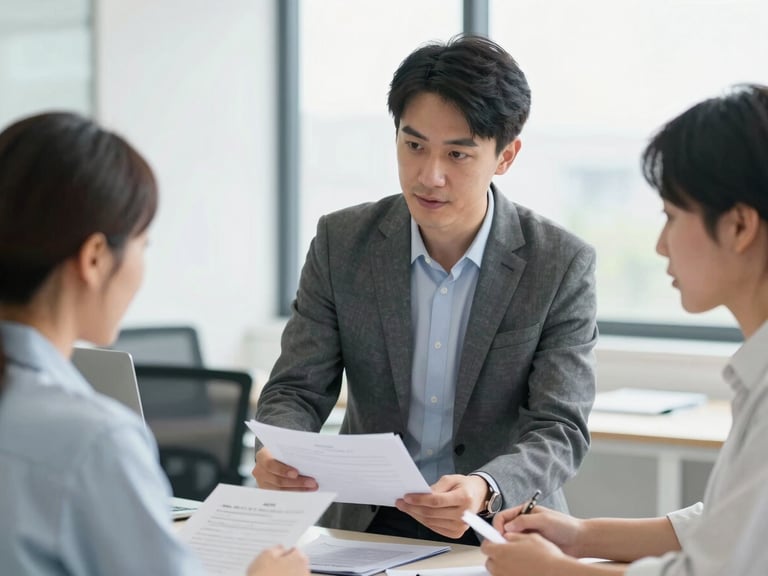 Professional mentor guiding a candidate through documents in a collaborative, bright office setting, natural daylight, medium close-up.
