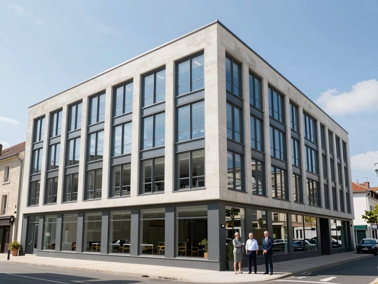 Modern office building facade in a vibrant French town, natural daylight, slightly wide shot, representing local business.