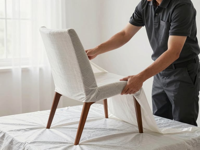 Bright editorial photography of a professional mover in a clean dark uniform carefully wrapping a mid-century modern wooden chair with thick, textured protective fabric, soft morning light, sharp focus.