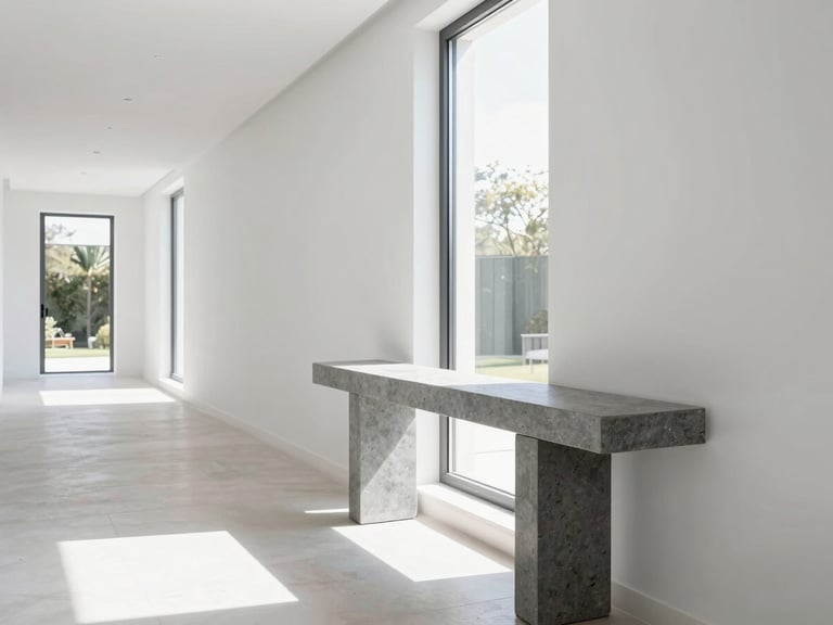 Bright editorial photography of a beautifully lit modern villa hallway, clean white walls, minimalist slate-gray console table, soft morning daylight streaming through a tall window, sharp focus.