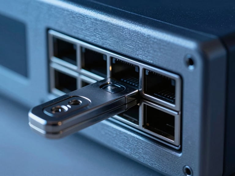 Macro close-up of a secure hardware security key inserted into a brushed metal server port, cool blue ambient light, sharp focus, 35mm photography
