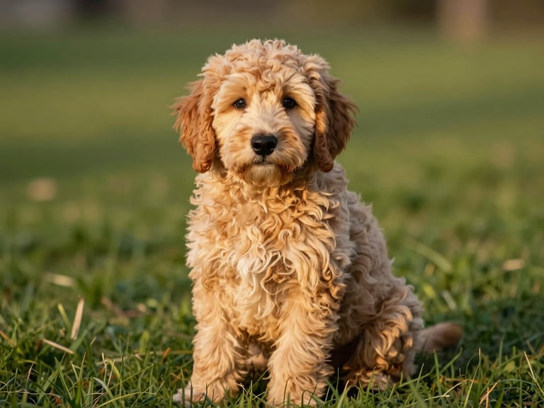 Medium eye-level shot of a fluffy apricot Goldendoodle puppy sitting on soft green grass, natural golden hour lighting, clear bright eyes, clean background.