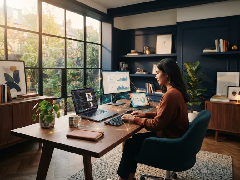 Wide shot of a modern, clean workspace with subtle glowing neural network lines connecting devices, warm natural light, deep navy and teal accents.