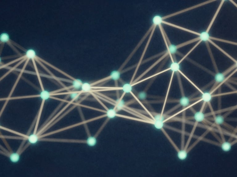Abstract neural network, glowing teal nodes, deep navy background, elegant editorial photography, soft natural daylight.